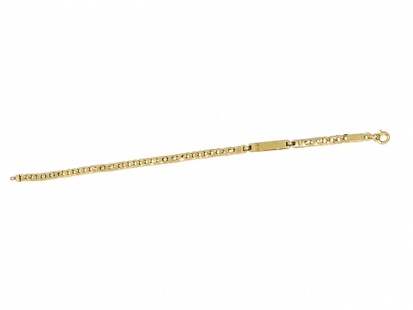 Bracciale in oro giallo 18kt con maglia a catena e piastrina per poter scrivere un’incisione.
Lunghezza 18,5 cm, adatta a un ragazzo.
Dimensione piastrina 2x0,3 cm.