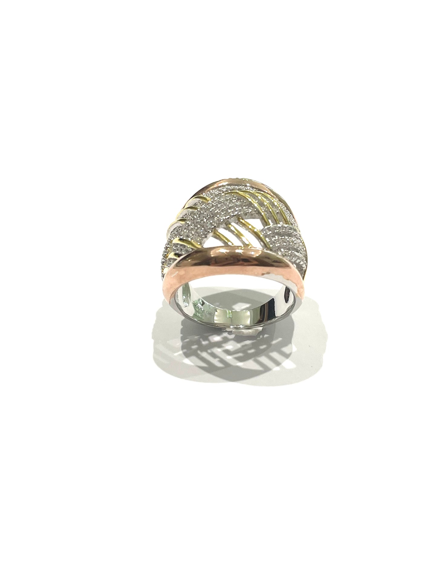Anello argento bicolore rosa e giallo con zirconi