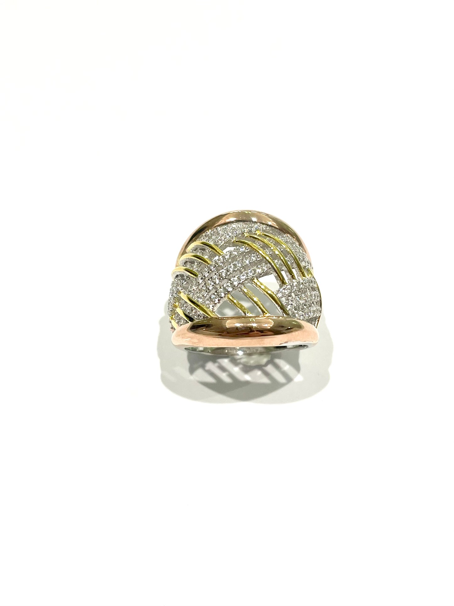Anello argento bicolore rosa e giallo con zirconi