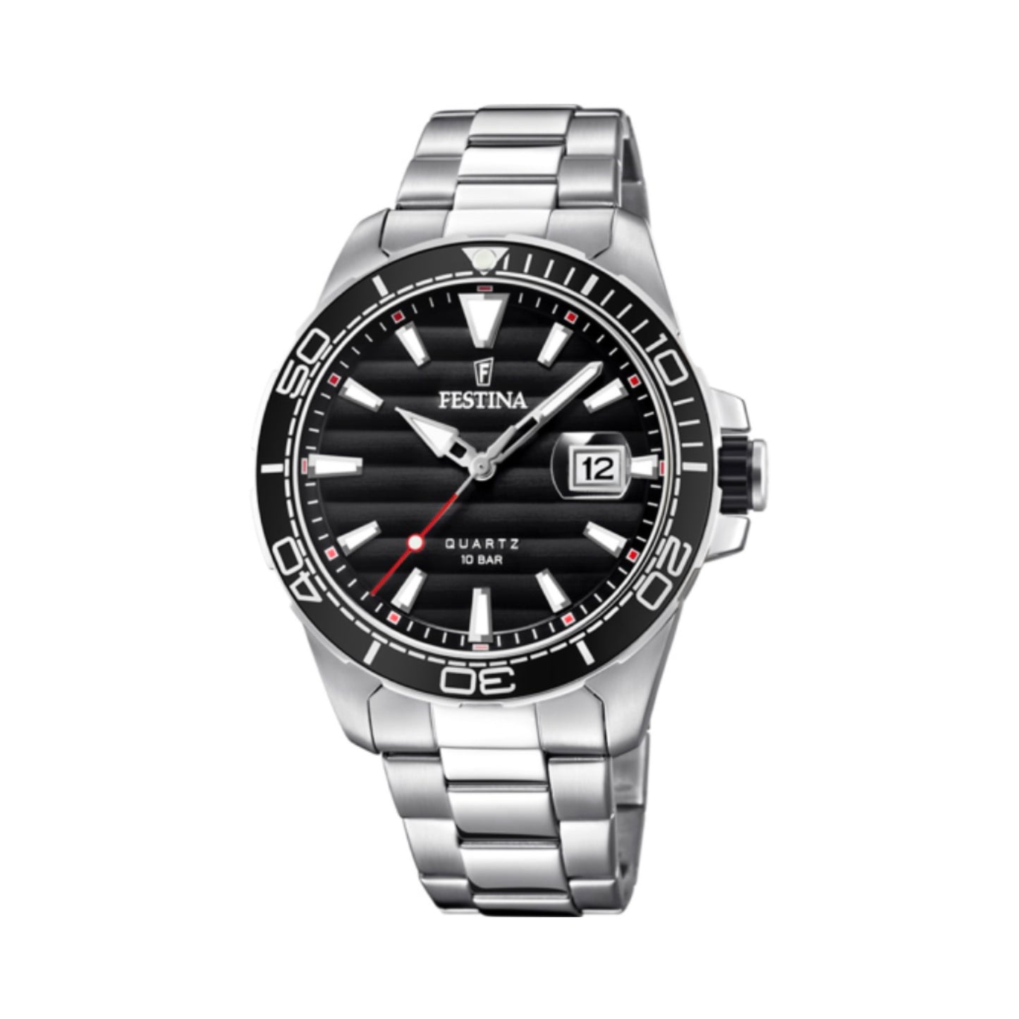 Orologio per uomo in maglia acciaio con fondo del quadrante nero e con numeri e lancette bianchi, con datario. Ghiera nera con numeri color acciaio. Lunghezza totale 25 cm, con possibilità di accorciarlo. Larghezza cinturino 1,9 cm. Diametro cassa 4,4 cm. Meccanismo funzionante con pila. Resistenza all'acqua 10 ATM. Garanzia 2 anni.