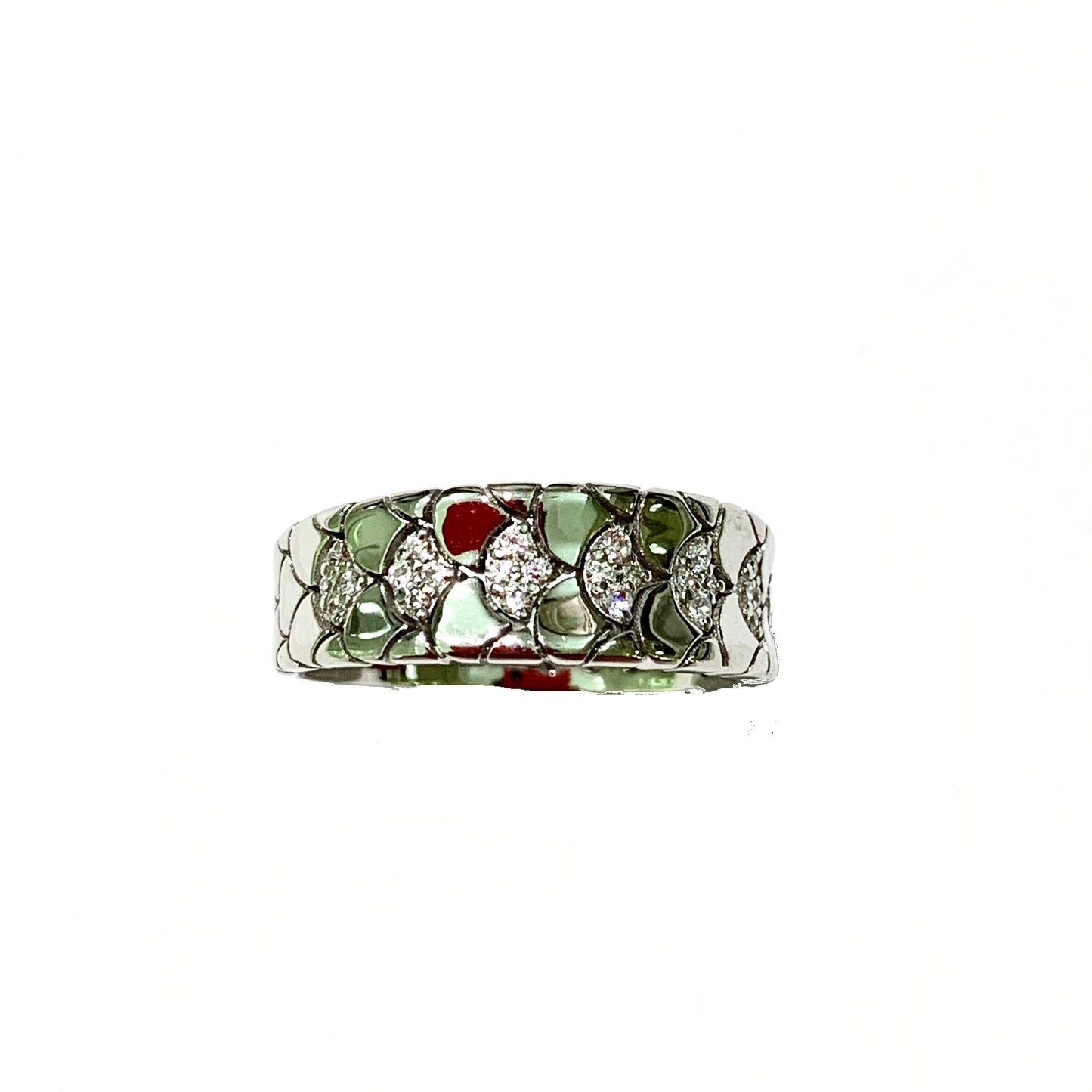 Anello in oro bianco 18kt a fascia con piccoli ventagli ricoperti da zirconi. Larghezza fascia 0,6 cm. Misura 14.
