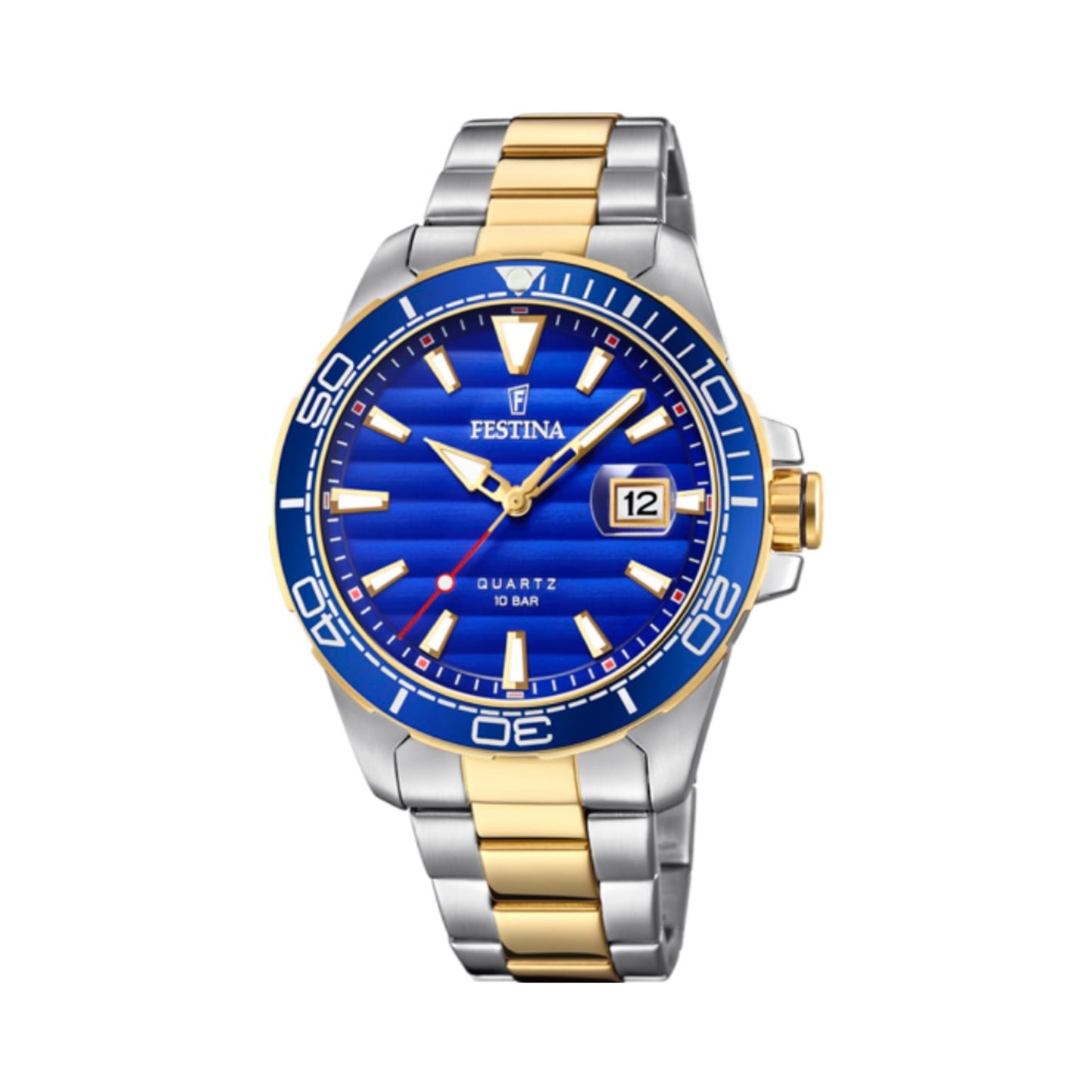 Orologio per uomo in maglia acciaio con fondo del quadrante blu e con numeri e lancette bianchi, con datario. Ghiera blu con numeri bianchi. Lunghezza totale 25 cm, con possibilità di accorciarlo. Larghezza cinturino 2 cm. Quadrante di 4,4 cm. Meccanismo funzionante con pila. Resistenza all'acqua 10 ATM. Garanzia 2 anni.