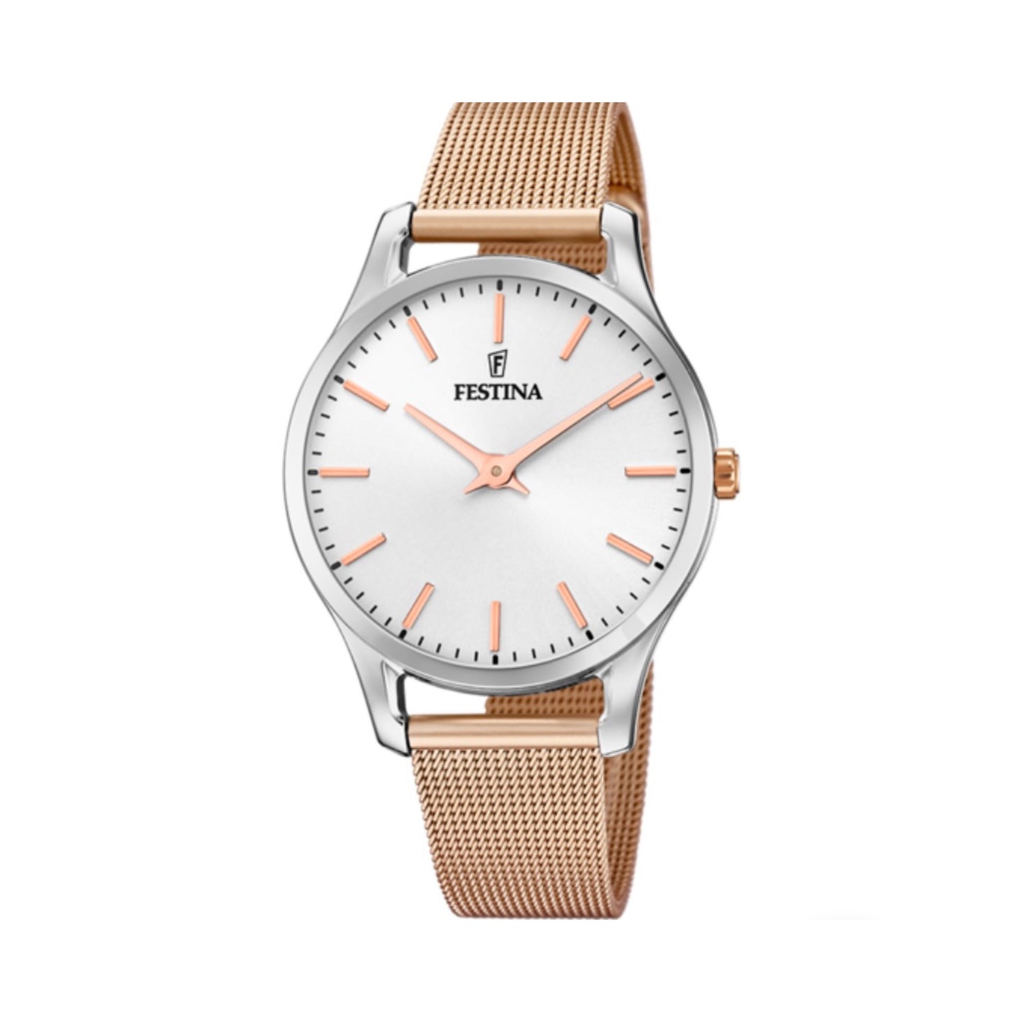 Orologio per donna con cinturino maglia Milano in acciaio rosa e fondo bianco. Marchio Festina. Lunghezza totale 22 cm circa, con possibilità di accorciarlo. Larghezza cinturino 1,4 cm. Quadrante di 3,4 cm. Meccanismo funzionante con pila. Resistenza all'acqua 5 ATM. Garanzia di 2 anni.