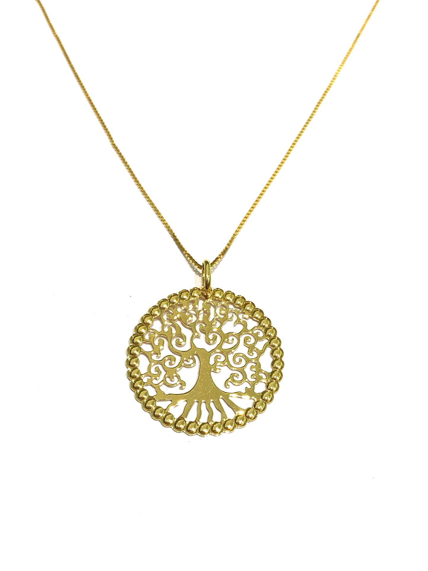 Collana in argento bagnato in oro con albero della vita liscio. Lunghezza catena 45 cm. Dimensioni ciondolo 3 cm.