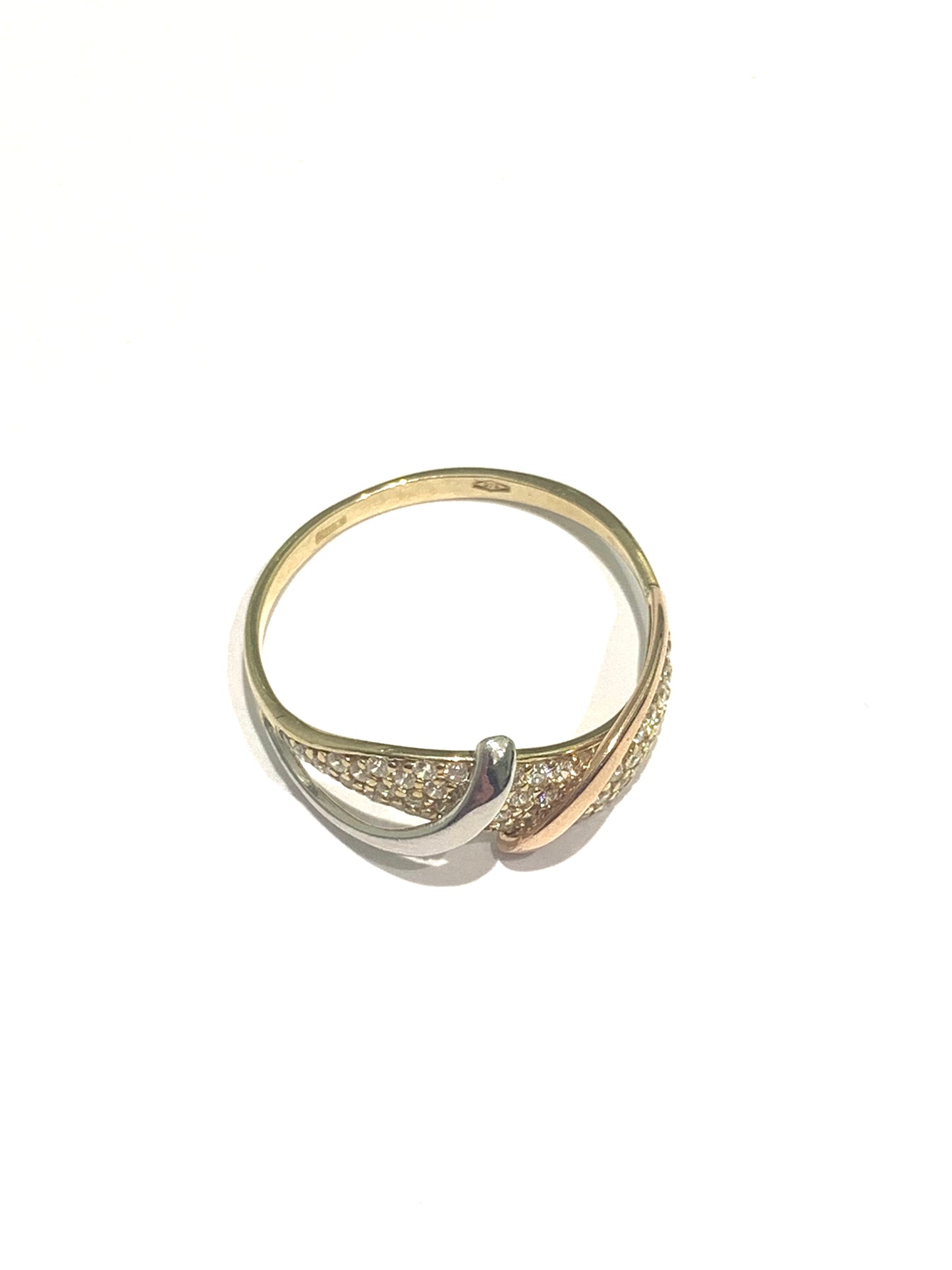 Anello oro giallo 9kt con striscia oro rosa e bianco e zirconi