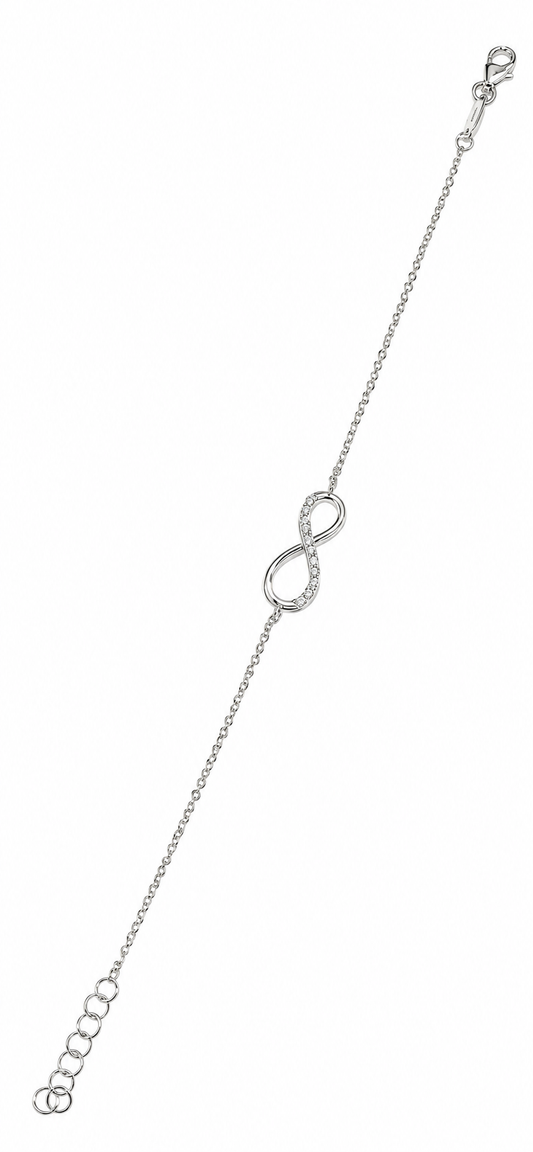 Bracciale in oro bianco 18kt con infinito ricoperto in parte da zirconi.

Lunghezza regolabile da 16 a 18 cm.

Dimensione infinito 0,8x1,8 cm.