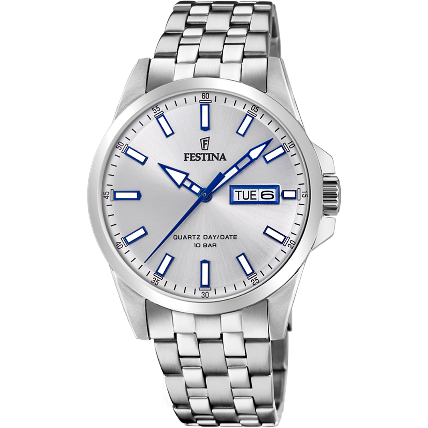 Orologio per uomo con maglia in acciaio con fondo del quadrante bianco e lancette blu, con datario.

Lunghezza totale 21 cm, con possibilità di accorciarlo.

Larghezza cinturino 2 cm.

Diametro cassa 4,1 cm.

Meccanismo a pila.

Resistenza all'acqua 10 ATM. 

Garanzia 2 anni.