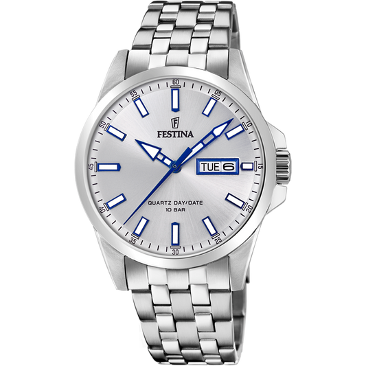 Orologio per uomo con maglia in acciaio con fondo del quadrante bianco e lancette blu, con datario.

Lunghezza totale 21 cm, con possibilità di accorciarlo.

Larghezza cinturino 2 cm.

Diametro cassa 4,1 cm.

Meccanismo a pila.

Resistenza all'acqua 10 ATM. 

Garanzia 2 anni.