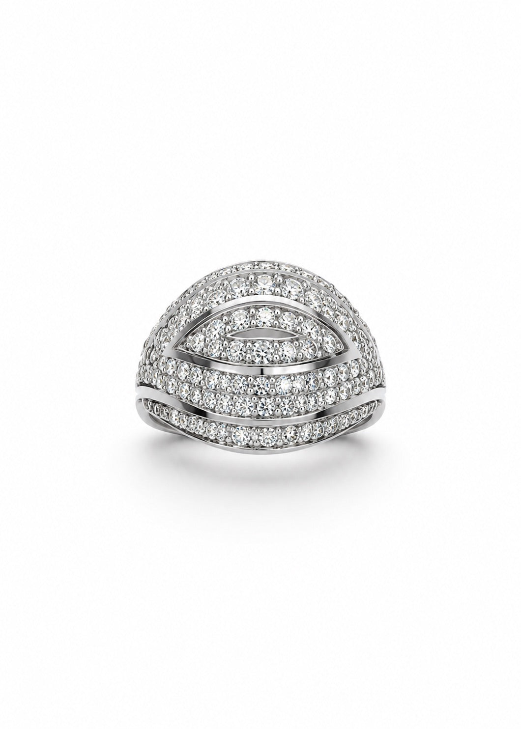 Anello in oro bianco 18kt con strisce ricoperte da zirconi.

Larghezza totale 1,4 cm.

Misura 12.