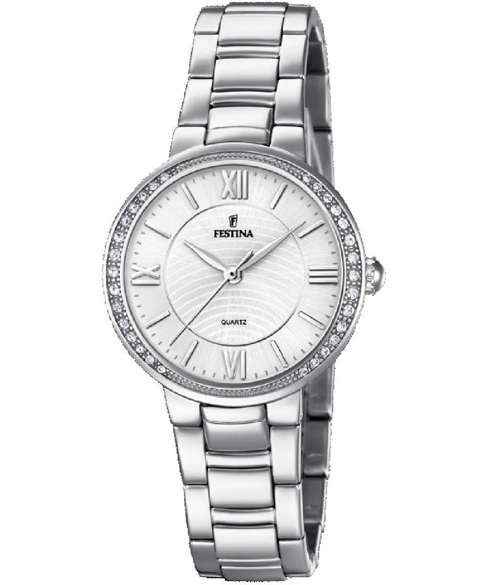 Orologio per donna in acciaio con quadrante bianco circondato da zirconi e numeri romani.

Marchio Festina.

Lunghezza totale 18 cm, possibilità di accorciarlo.

Larghezza cinturino 1,4 cm.

Quadrante di 3 cm.

Meccanismo funzionante con pila.

Resistenza all'acqua 5 ATM.

Garanzia di 2 anni.
