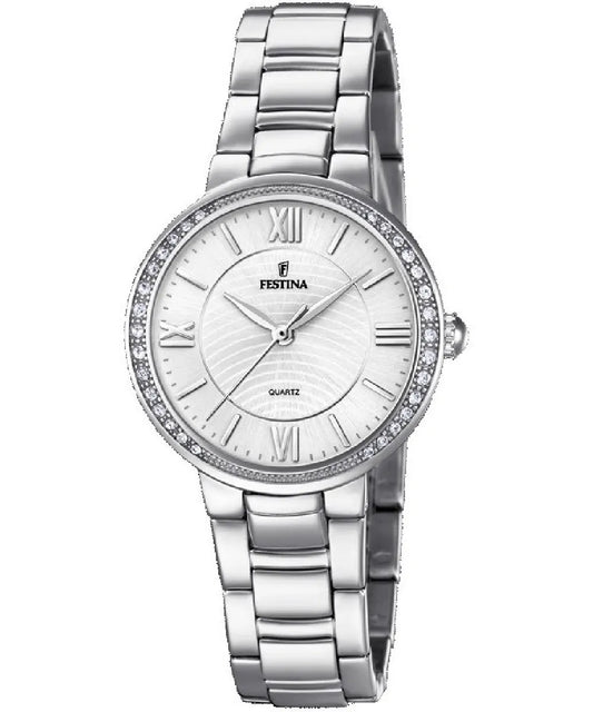 Orologio per donna in acciaio con quadrante bianco circondato da zirconi e numeri romani.
Marchio Festina.
Lunghezza totale 18 cm, possibilità di accorciarlo.
Larghezza cinturino 1,4 cm.
Quadrante di 3 cm.
Meccanismo funzionante con pila.
Resistenza all'acqua 5 ATM.
Garanzia di 2 anni.