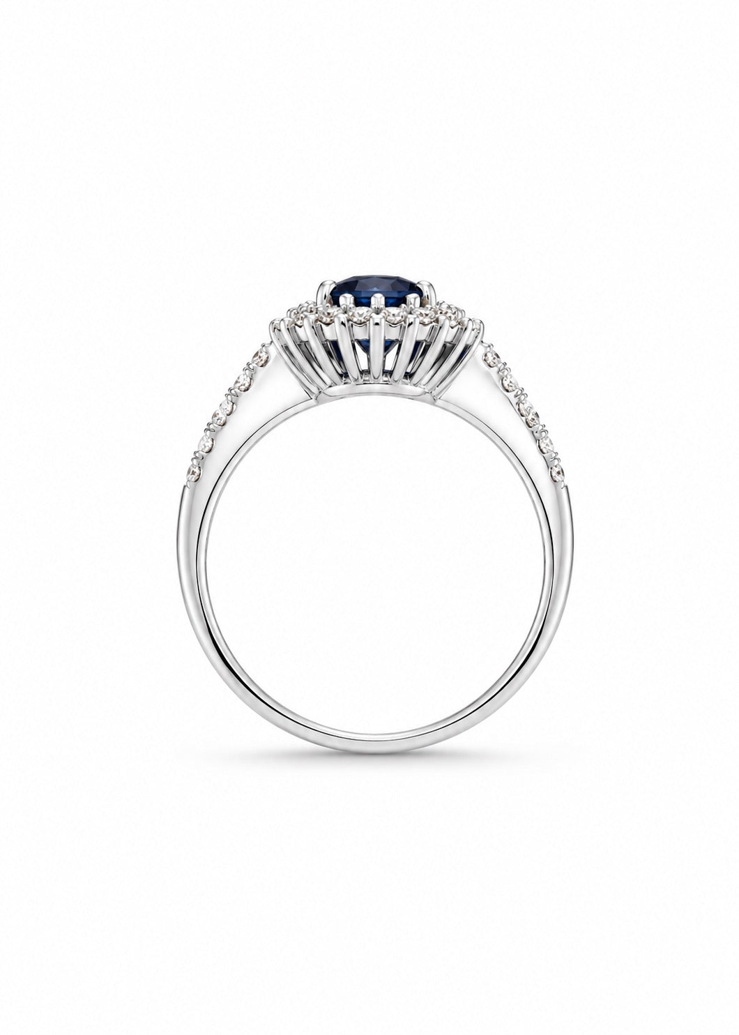 Anello in oro bianco 18kt con zircone centrale tondo colore zaffiro circondato da piccoli zirconi bianchi. 

Dimensione totale 1 cm.

Misura 14.