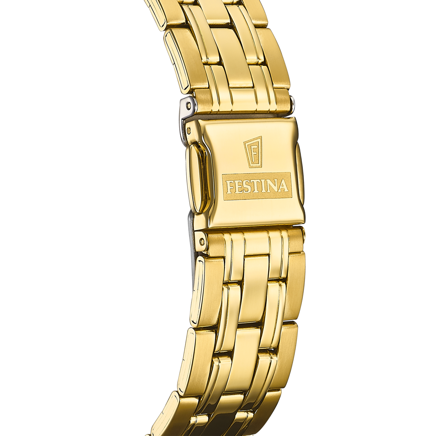 Orologio per uomo in maglia acciaio dorato con sfondo del quadrante bianco e con numeri e lancette dorate, con datario.

Marchio Festina.

Lunghezza totale 21 cm, con possibilità di accorciarlo. 

Larghezza cinturino 2 cm.

Diametro cassa 4 cm.

Meccanismo funzionante con pila.

Resistenza all'acqua 5 ATM. 

Garanzia 2 anni.