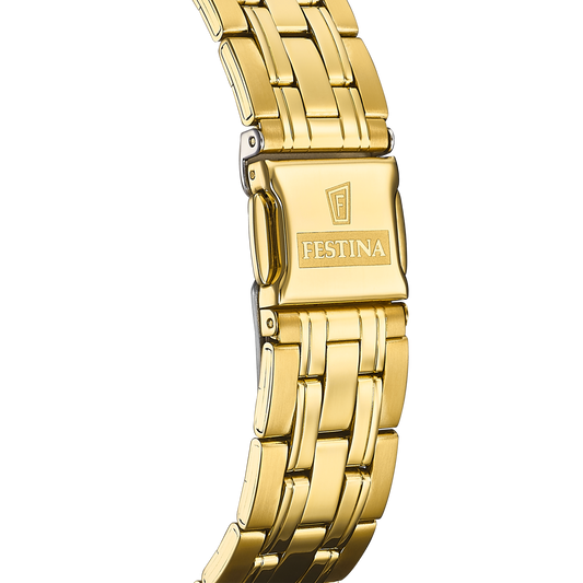 Orologio per uomo in maglia acciaio dorato con sfondo del quadrante bianco e con numeri e lancette dorate, con datario.

Marchio Festina.

Lunghezza totale 21 cm, con possibilità di accorciarlo. 

Larghezza cinturino 2 cm.

Diametro cassa 4 cm.

Meccanismo funzionante con pila.

Resistenza all'acqua 5 ATM. 

Garanzia 2 anni.