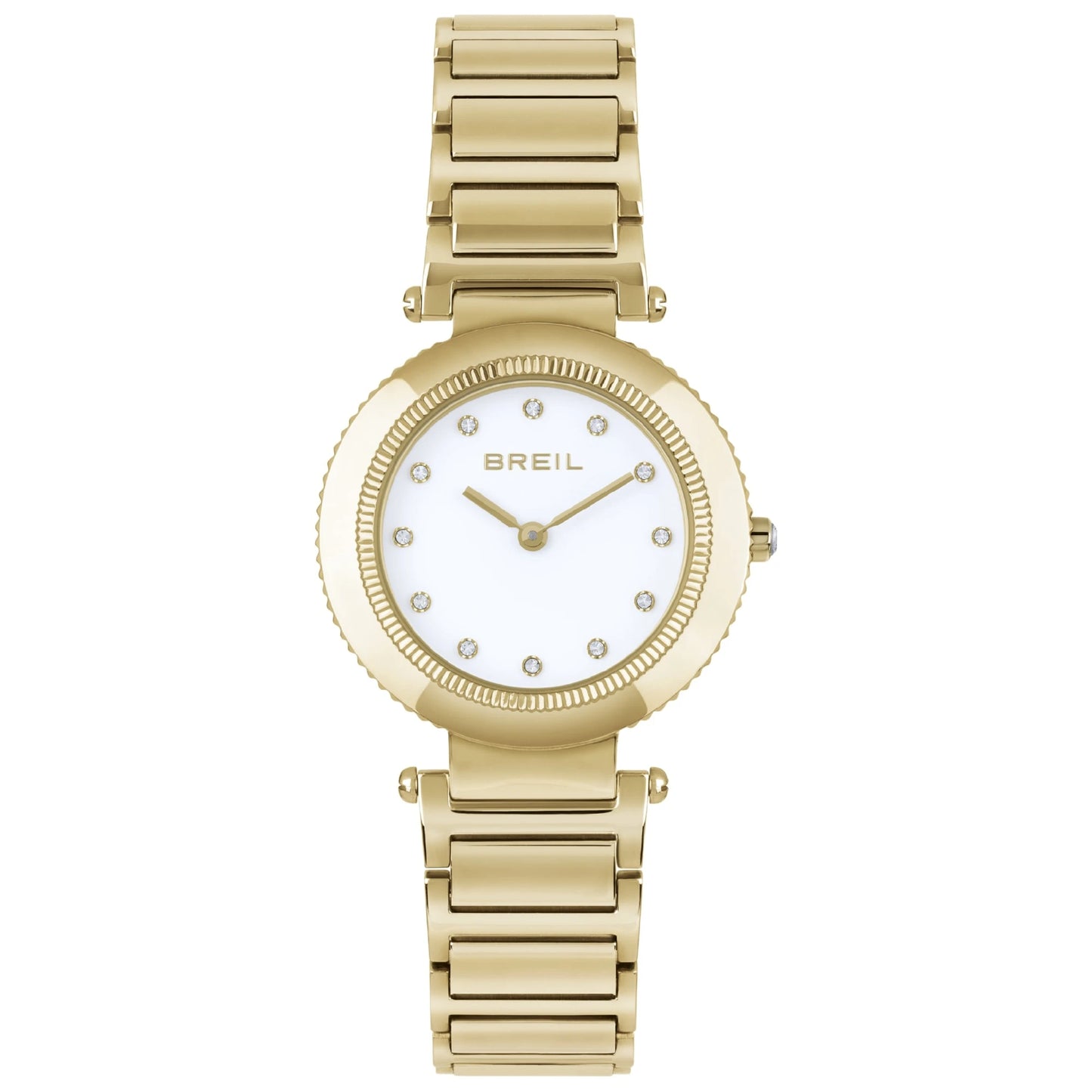 Orologio per donna in acciaio dorato con quadrante bianco con piccoli zirconi al posto dei numeri.

Marchio Breil.

Lunghezza massima 19 cm, con possibilità di accorciarlo.

Larghezza cinturino 1,8 cm.

Diametro cassa 3,2 cm.

Meccanismo funzionante con pila.

Resistenza all'acqua 5 ATM. 

Garanzia 2 anni.