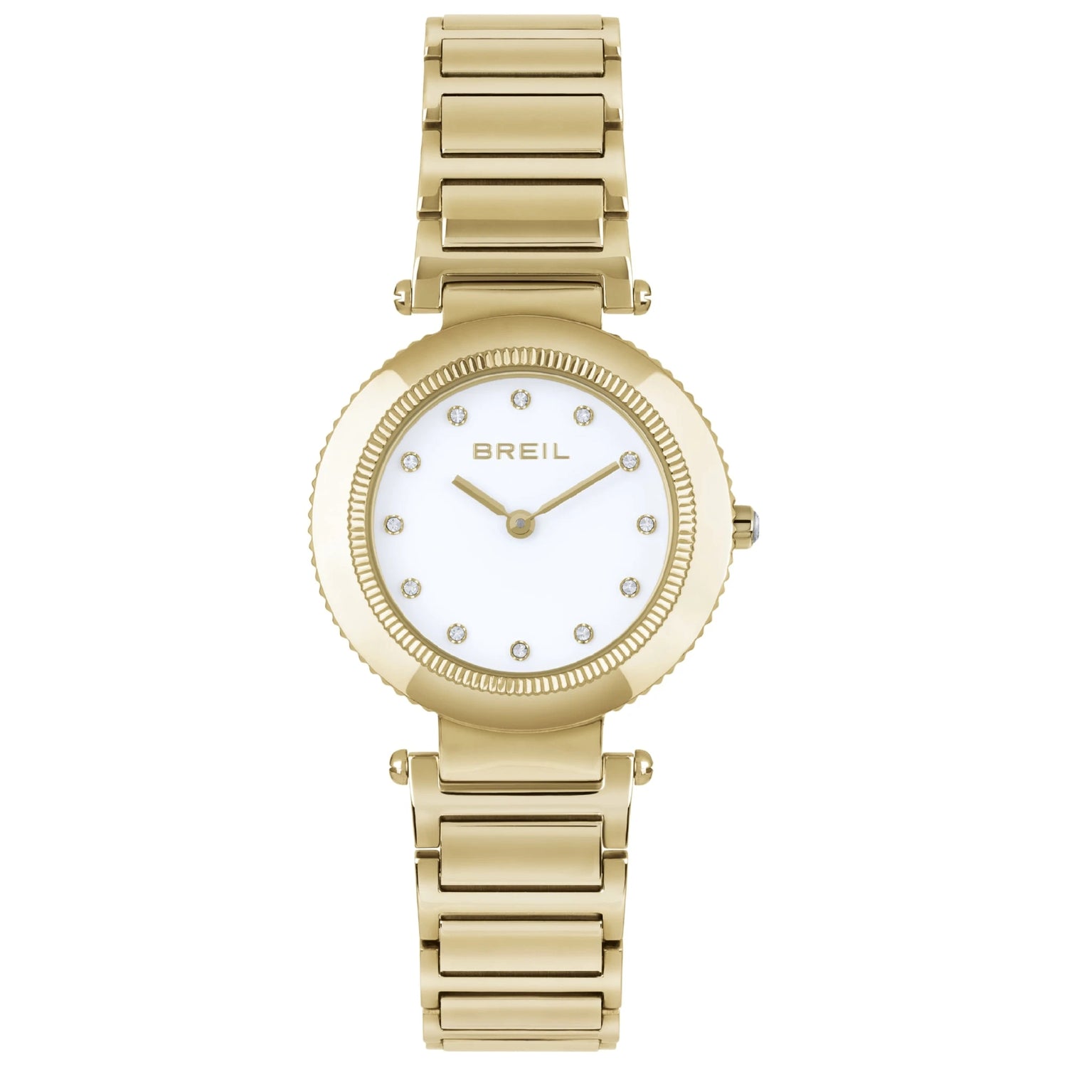 Orologio per donna in acciaio dorato con quadrante bianco con piccoli zirconi al posto dei numeri.

Marchio Breil.

Lunghezza massima 19 cm, con possibilità di accorciarlo.

Larghezza cinturino 1,8 cm.

Diametro cassa 3,2 cm.

Meccanismo funzionante con pila.

Resistenza all'acqua 5 ATM. 

Garanzia 2 anni.