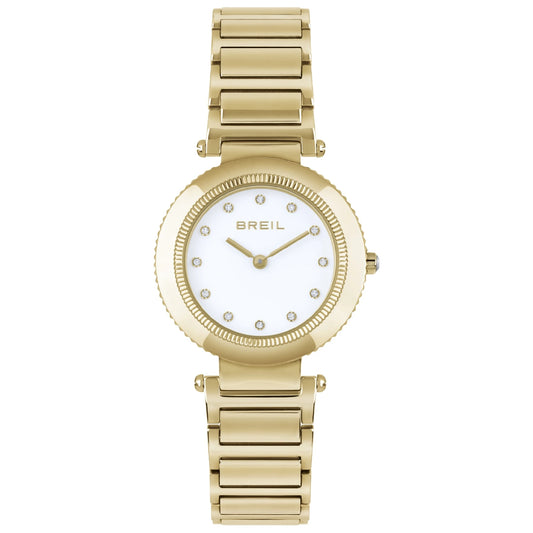 Orologio per donna in acciaio dorato con quadrante bianco con piccoli zirconi al posto dei numeri.
Marchio Breil.
Lunghezza massima 19 cm, con possibilità di accorciarlo.
Larghezza cinturino 1,8 cm.
Diametro cassa 3,2 cm.
Meccanismo funzionante con pila.
Resistenza all'acqua 5 ATM.
Garanzia 2 anni.