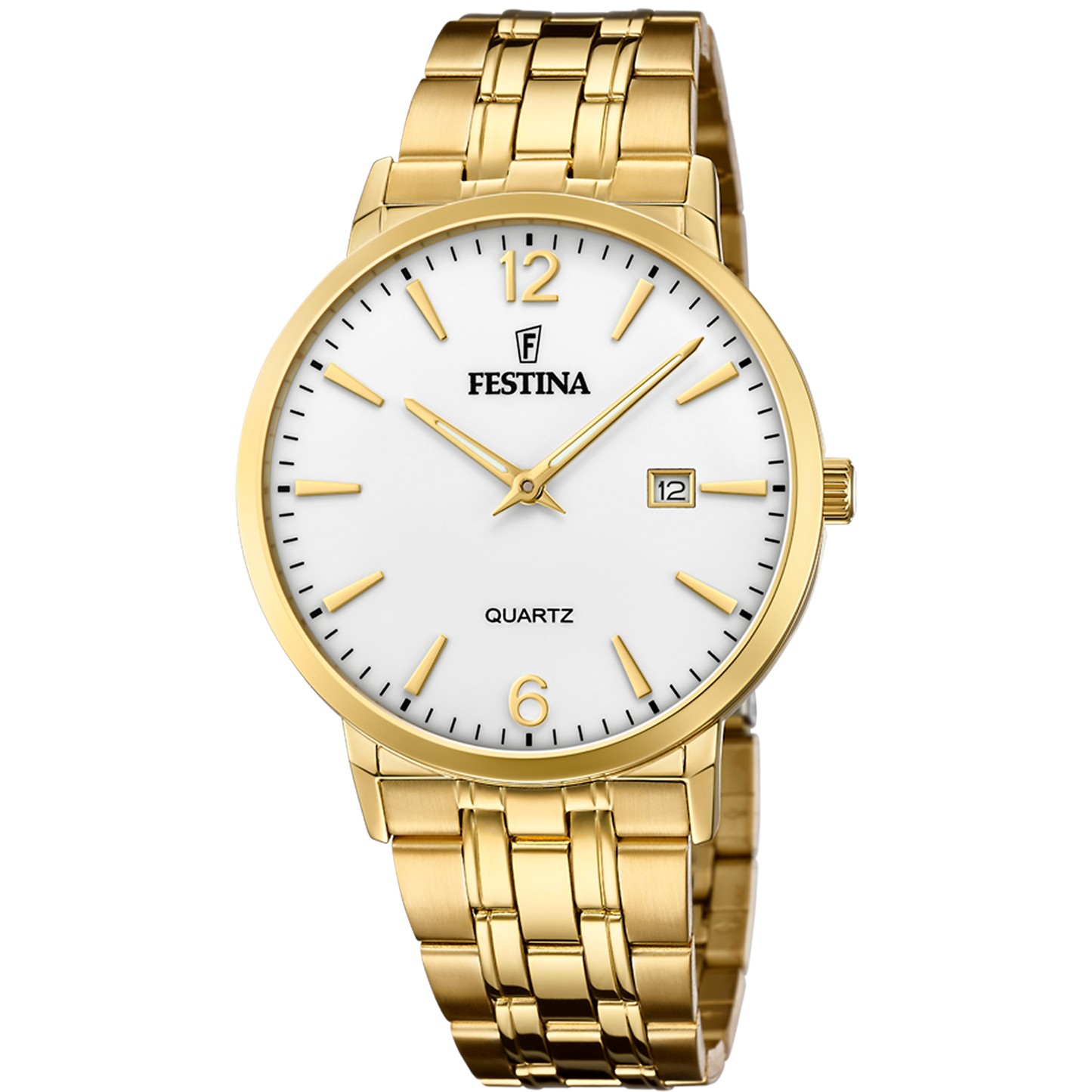 Orologio per uomo in maglia acciaio dorato con sfondo del quadrante bianco e con numeri e lancette dorate, con datario.

Marchio Festina.

Lunghezza totale 21 cm, con possibilità di accorciarlo. 

Larghezza cinturino 2 cm.

Diametro cassa 4 cm.

Meccanismo funzionante con pila.

Resistenza all'acqua 5 ATM. 

Garanzia 2 anni.