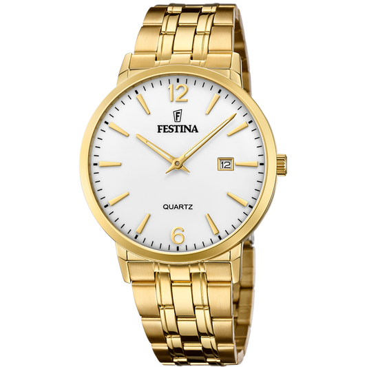 Orologio per uomo in maglia acciaio dorato con sfondo del quadrante bianco e con numeri e lancette dorate, con datario.

Marchio Festina.

Lunghezza totale 21 cm, con possibilità di accorciarlo. 

Larghezza cinturino 2 cm.

Diametro cassa 4 cm.

Meccanismo funzionante con pila.

Resistenza all'acqua 5 ATM. 

Garanzia 2 anni.
