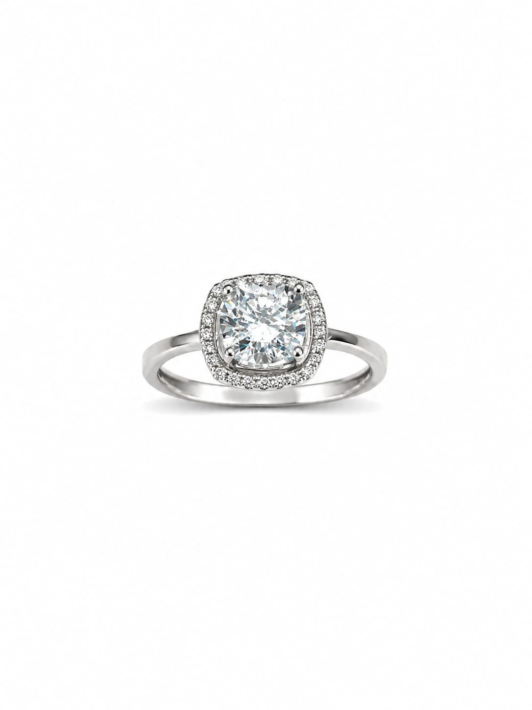 Anello solitario a forma quadrata in oro bianco 9kt con zircone centrale circondato da piccoli zirconi bianchi.

Dimensione totale 0,8 cm.

Misura 14.