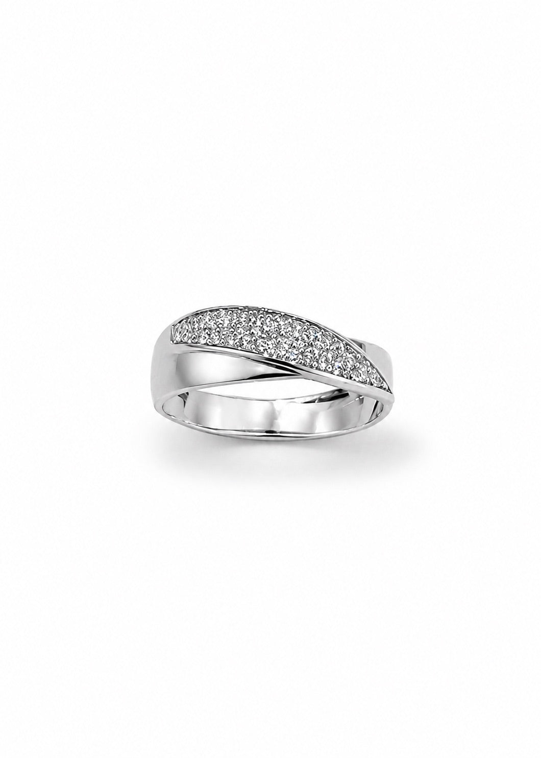 Anello in oro bianco 18kt con barretta diagonale ricoperta da zirconi.

Larghezza 0,6 cm.

Misura 16.