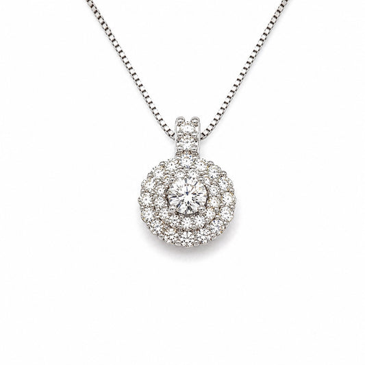 Collana oro bianco 18kt con solitario circondato da diamanti