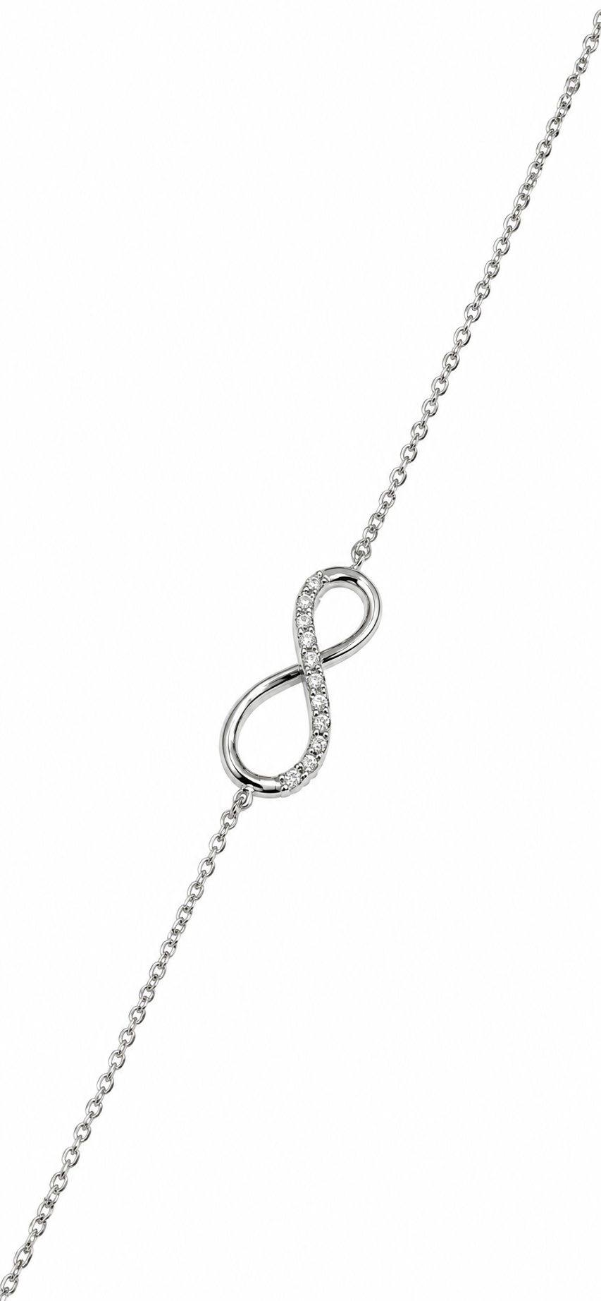 Bracciale in oro bianco 18kt con infinito ricoperto in parte da zirconi.

Lunghezza regolabile da 16 a 18 cm.

Dimensione infinito 0,8x1,8 cm.