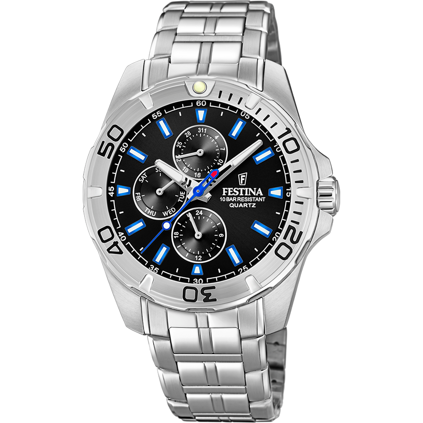 Orologio per uomo in acciaio con quadrante nero e lancette nere, con cronografo. Lancette bianche e tacche degli orari bianche con contorni blu.

Lunghezza totale 22 cm, con possibilità di accorciarlo.

Larghezza cinturino 2,2 cm.

Diametro cassa 4,3 cm.

Meccanismo funzionante con pila.

Resistenza all'acqua 10 ATM. 

Garanzia 2 anni.