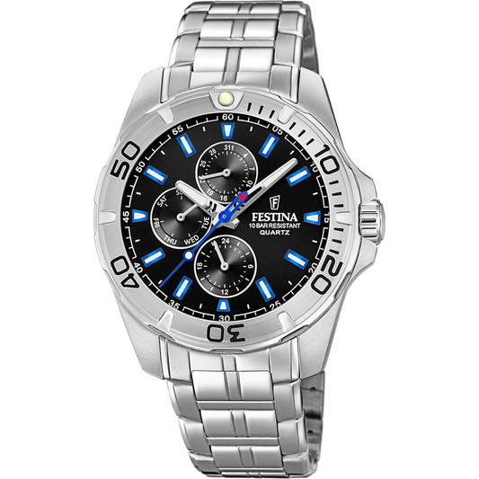 Orologio per uomo in acciaio con quadrante nero e lancette nere, con cronografo. Lancette bianche e tacche degli orari bianche con contorni blu.

Lunghezza totale 22 cm, con possibilità di accorciarlo.

Larghezza cinturino 2,2 cm.

Diametro cassa 4,3 cm.

Meccanismo funzionante con pila.

Resistenza all'acqua 10 ATM. 

Garanzia 2 anni.