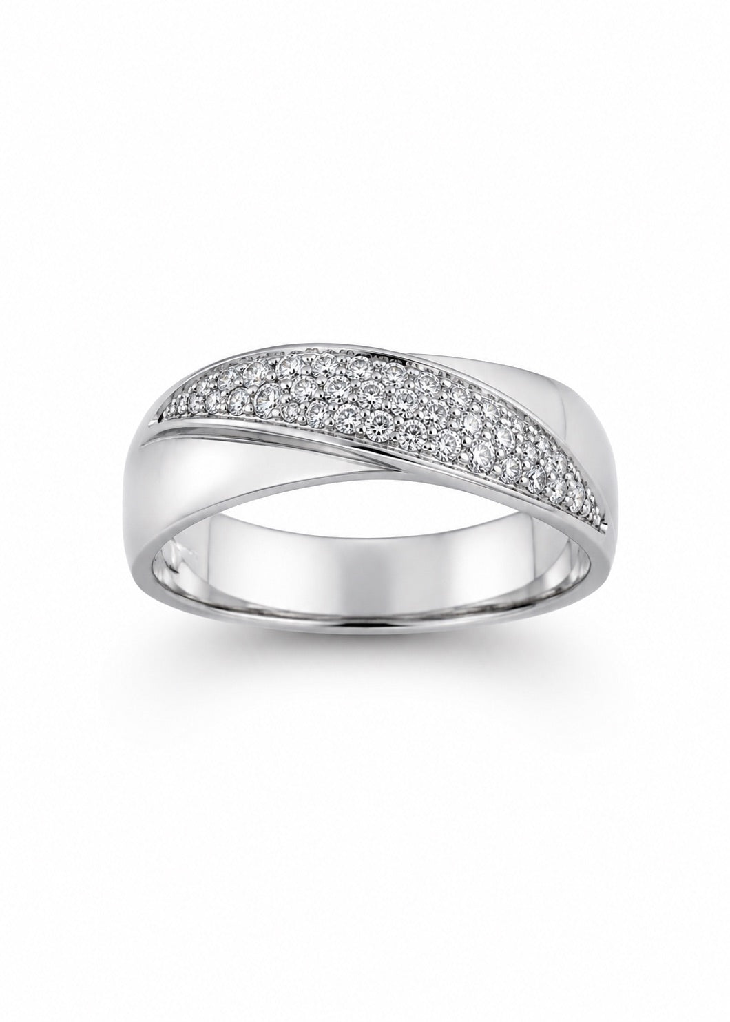 Anello in oro bianco 18kt con barretta diagonale ricoperta da zirconi.

Larghezza 0,6 cm.

Misura 16.