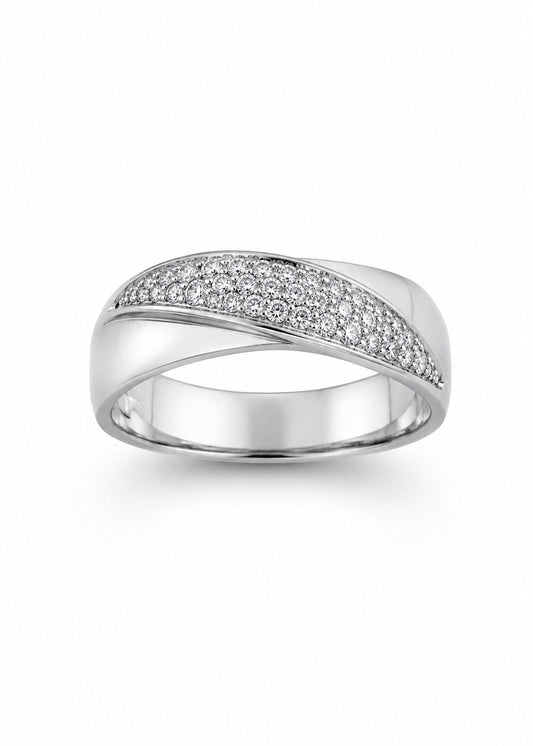 Anello in oro bianco 18kt con barretta diagonale ricoperta da zirconi.

Larghezza 0,6 cm.

Misura 16.