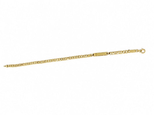 Bracciale in oro giallo 18kt con maglia a catena e piastrina per poter scrivere un’incisione.
Lunghezza 18,5 cm, adatta a un ragazzo.
Dimensione piastrina 2x0,3 cm.