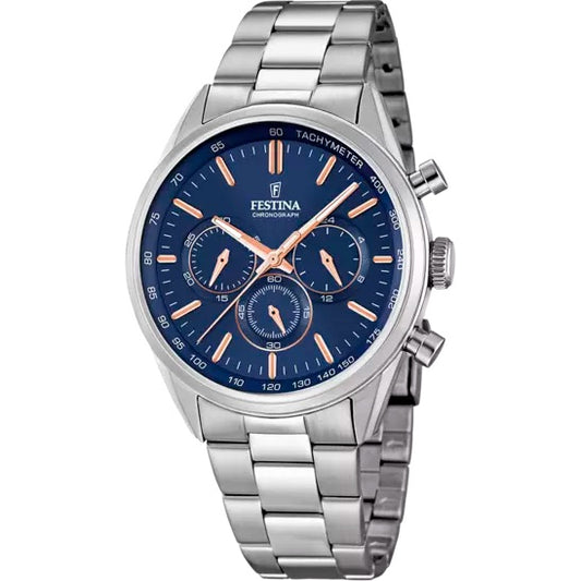 Orologio Festina acciaio con quadrante blu e lancette rame, uomo