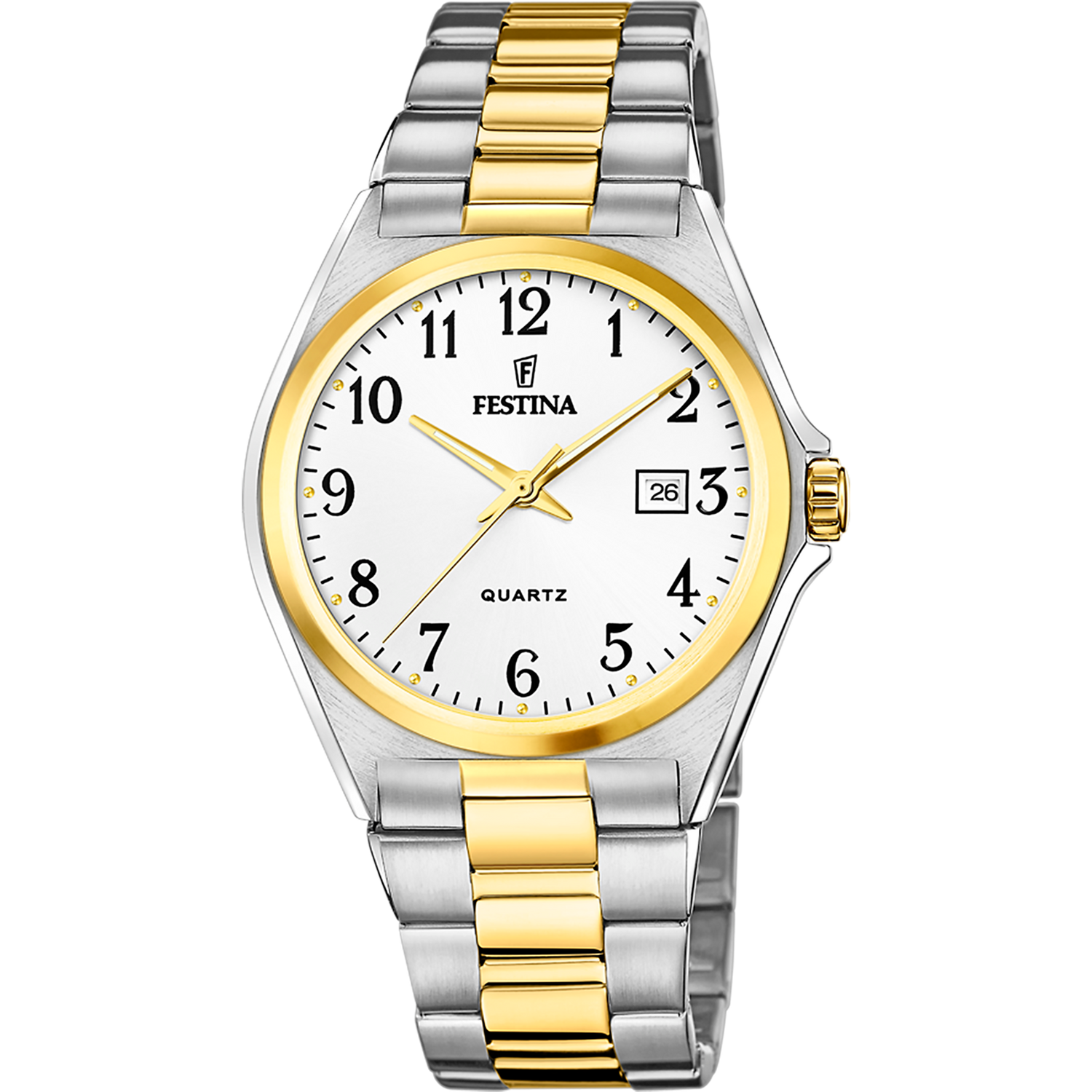 Orologio per uomo in maglia acciaio bicolore con sfondo del quadrante bianco e con numeri neri e lancette dorate, con datario.

Marchio Festina.

Lunghezza totale 21 cm, con possibilità di accorciarlo. 

Larghezza cinturino 2 cm.

Diametro cassa 4 cm.

Meccanismo funzionante con pila.

Resistenza all'acqua 5 ATM. 

Garanzia 2 anni.