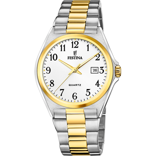 Orologio per uomo in maglia acciaio bicolore con sfondo del quadrante bianco e con numeri neri e lancette dorate, con datario.

Marchio Festina.

Lunghezza totale 21 cm, con possibilità di accorciarlo. 

Larghezza cinturino 2 cm.

Diametro cassa 4 cm.

Meccanismo funzionante con pila.

Resistenza all'acqua 5 ATM. 

Garanzia 2 anni.