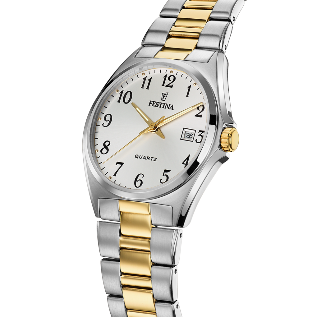 Orologio per uomo in maglia acciaio bicolore con sfondo del quadrante bianco e con numeri neri e lancette dorate, con datario.

Marchio Festina.

Lunghezza totale 21 cm, con possibilità di accorciarlo. 

Larghezza cinturino 2 cm.

Diametro cassa 4 cm.

Meccanismo funzionante con pila.

Resistenza all'acqua 5 ATM. 

Garanzia 2 anni.