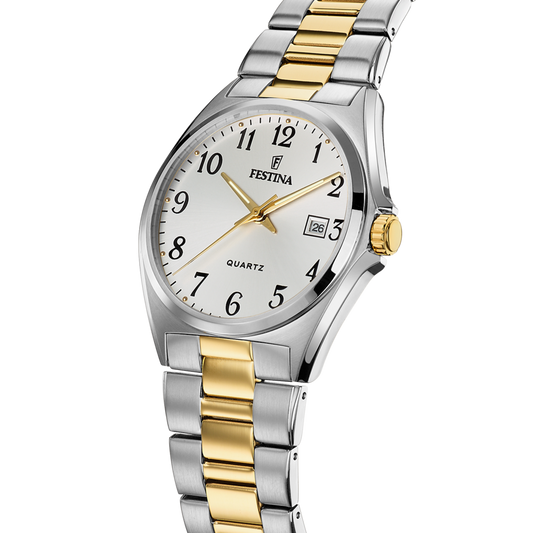 Orologio per uomo in maglia acciaio bicolore con sfondo del quadrante bianco e con numeri neri e lancette dorate, con datario.

Marchio Festina.

Lunghezza totale 21 cm, con possibilità di accorciarlo. 

Larghezza cinturino 2 cm.

Diametro cassa 4 cm.

Meccanismo funzionante con pila.

Resistenza all'acqua 5 ATM. 

Garanzia 2 anni.
