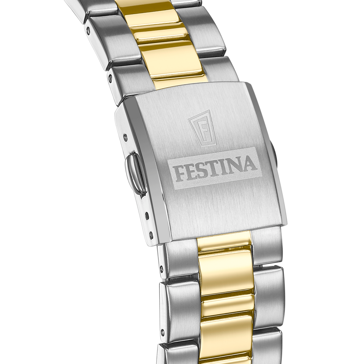 Orologio per uomo in maglia acciaio bicolore con sfondo del quadrante bianco e con numeri neri e lancette dorate, con datario.

Marchio Festina.

Lunghezza totale 21 cm, con possibilità di accorciarlo. 

Larghezza cinturino 2 cm.

Diametro cassa 4 cm.

Meccanismo funzionante con pila.

Resistenza all'acqua 5 ATM. 

Garanzia 2 anni.