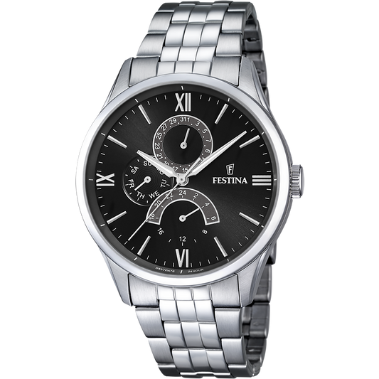 
Orologio per uomo in acciaio con fondo del quadrante nero, con datario.

Marchio Festina.

Lunghezza totale 21 cm, possibilità di regolarlo.

Larghezza cinturino 2 cm.

Quadrante 4,3 cm.

Meccanismo funzionante con pila.

Resistenza all'acqua 5 ATM.

Garanzia di 2 anni.

