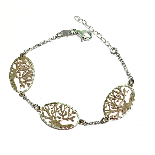 Bracciale in argento bianco con tre alberi della vita in argento rosa. Lunghezza 16 cm regolabile fino a 19 cm. Dimensione alberi 2x1,3 cm..