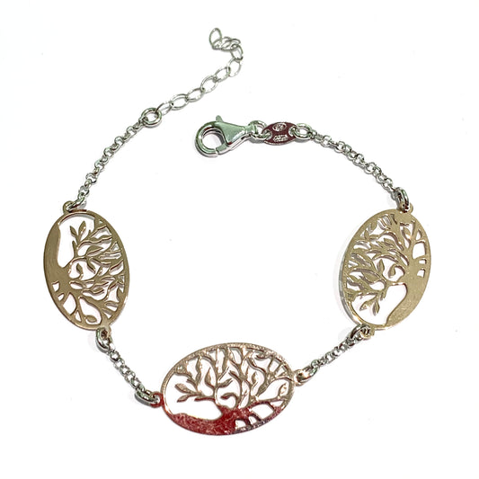 Bracciale in argento bianco con tre alberi della vita in argento rosa. Lunghezza 16 cm regolabile fino a 19 cm. Dimensione alberi 2x1,3 cm.