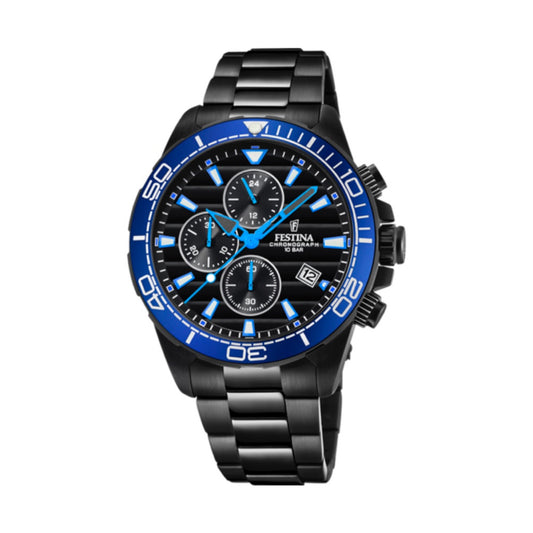 Orologio per uomo in maglia acciaio nero con quadrante nero e con numeri e lancette blu, con cronografo. Ghiera blu con numeri bianchi. Lunghezza totale 25 cm, con possibilità di accorciarlo. Larghezza cinturino 1,9 cm. Diametro cassa 4,4 cm. Meccanismo funzionante con pila. Resistenza all'acqua 10 ATM. Garanzia 2 anni.