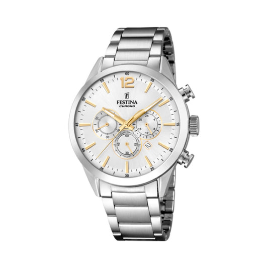 Orologio per uomo in maglia acciaio con quadrante bianco e lancette dorate, con cronografo. Lunghezza totale 24 cm, con possibilità di accorciarlo. Larghezza cinturino 1,9 cm. Diametro cassa 4,4 cm. Meccanismo funzionante con pila. Resistenza all'acqua 5 ATM. Garanzia 2 anni.