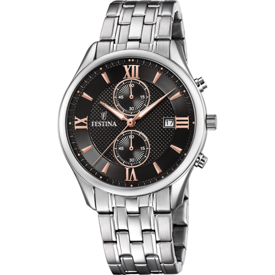 Orologio per uomo in maglia acciaio con sfondo del quadrante nero e con tacche dei numeri e lancette rosa, con cronografo e datario.  Diametro cassa 4,2 cm.  Lunghezza massima 24 cm, con possibilità di accorciarlo.   Larghezza cinturino 2 cm.  Meccanismo funzionante con pila.  Resistenza all'acqua 3 ATM.   Garanzia 2 anni.  Spedizione gratuita con confezione regalo. 
