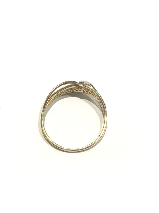 Anello oro giallo 9kt con striscia oro rosa e bianco e zirconi