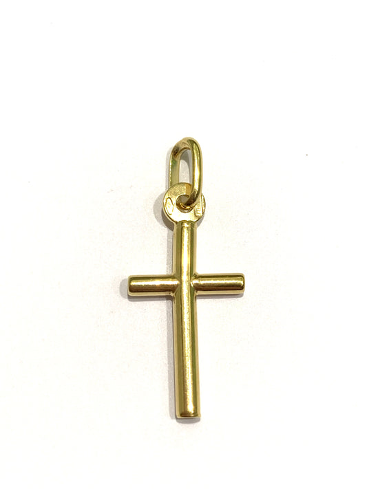 Ciondolo per collana in oro giallo 18kt con piccola croce.  Dimensione croce 1x2,4cm incluso 0,6 cm di anellino.