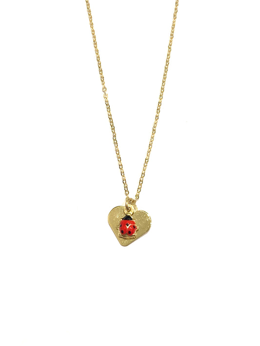 Collana oro giallo 9kt con coccinella e cuore/farfalla