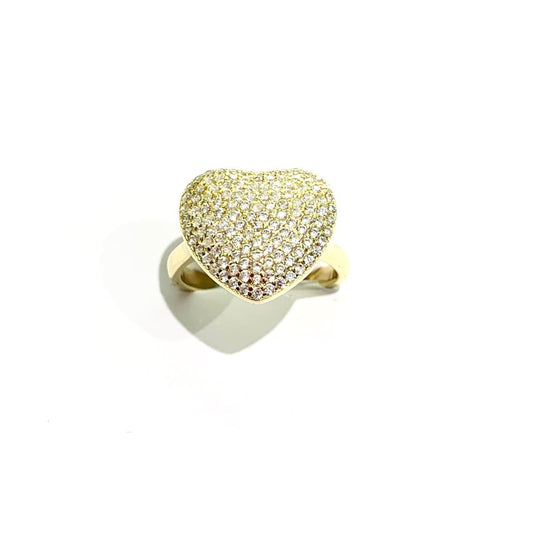 Anello in argento dorato a forma di cuore ricoperto da zirconi bianchi.  Dimensione cuore 1,5 cm.  Misura regolabile da 12 a 14.