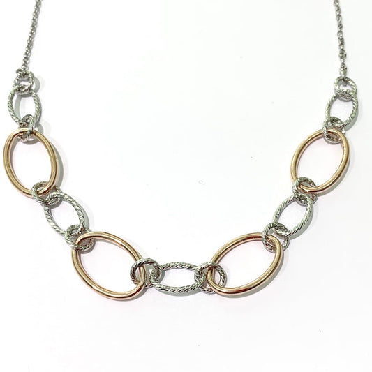 Collana argento bicolore con cerchi ovali satinati bianchi e rosa